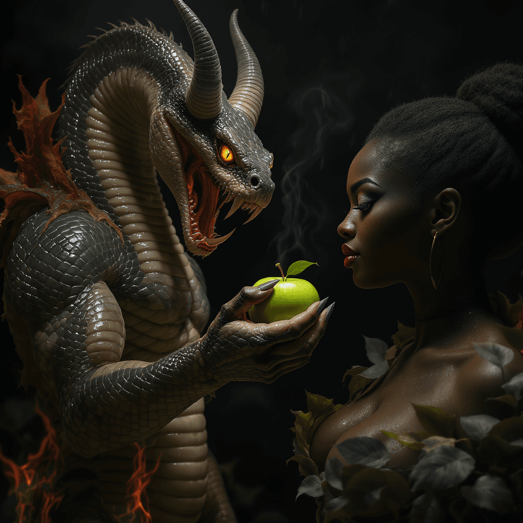 AI generated: (film grain), ultrarealistic 4k, photoart_style, (a snake humanioid demon and a beautiful black Afri...