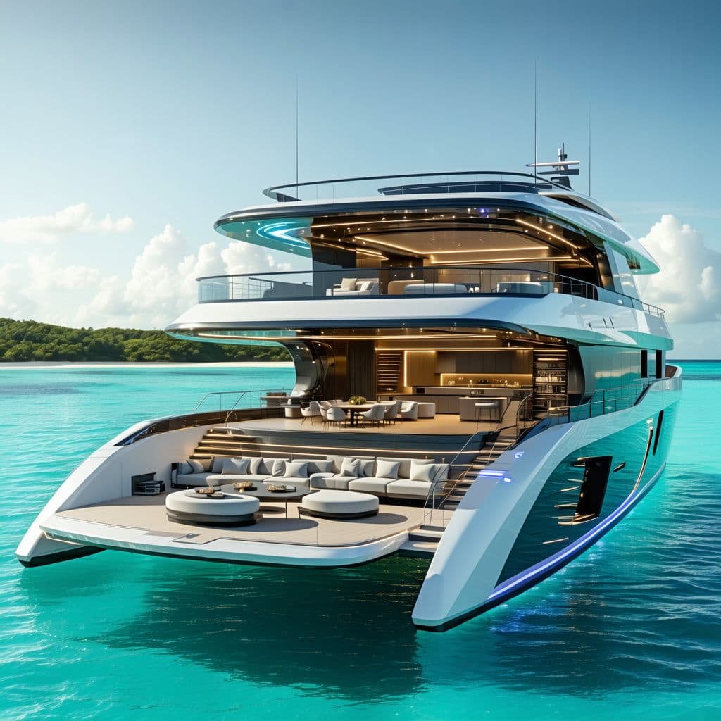 AI generated: Create a futuristic 75-foot power catamaran design with large open windows showcasing a luxurious in...