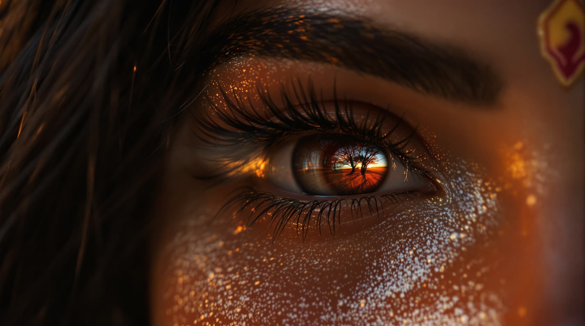 AI generated: hyper realistic . Close-up of Parushat’s eyes, the reflection of the sunset glowing in her pupils. [...
