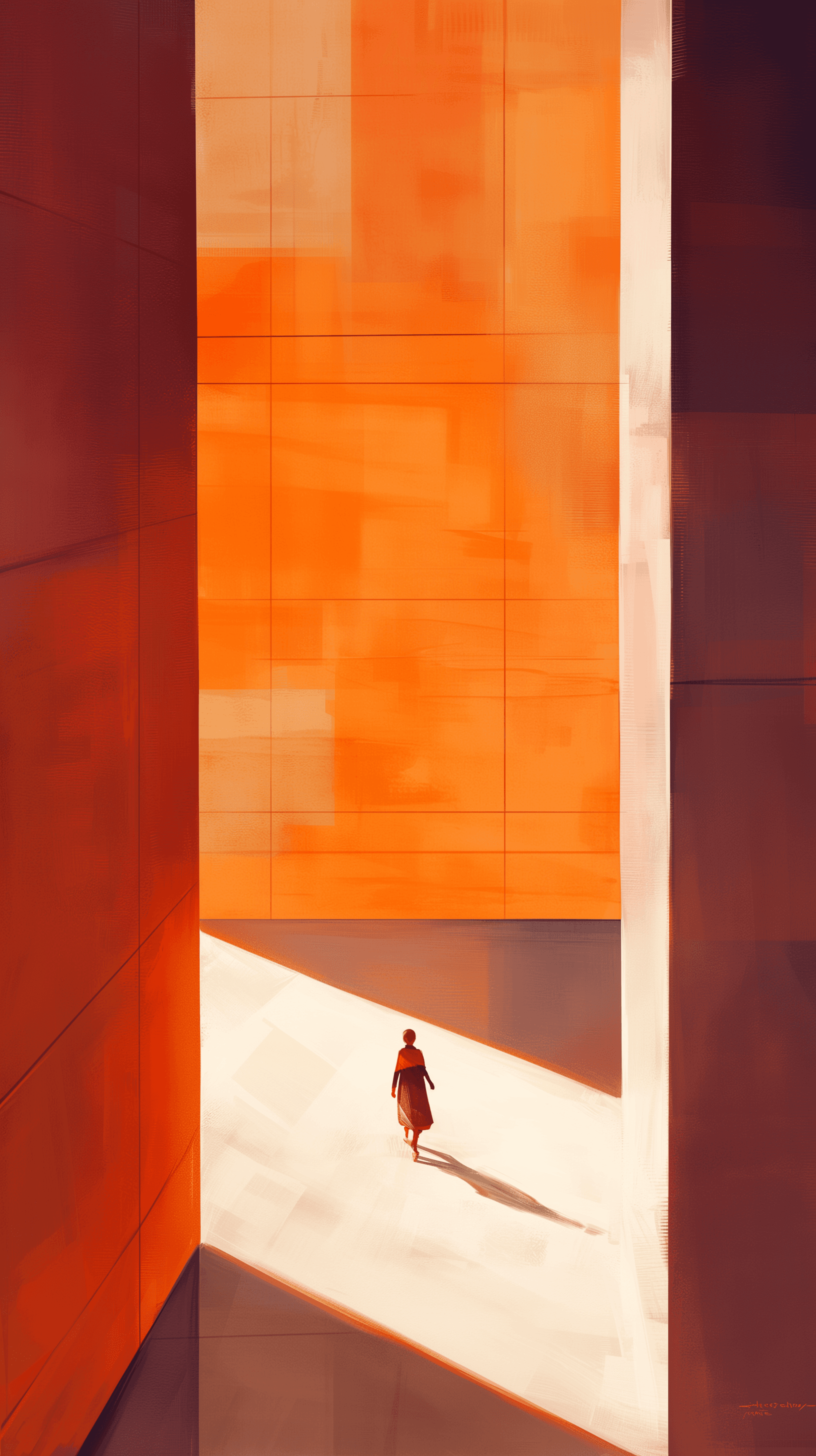 AI generated: digital painting, aerial, man caught in a dramatic interplay of light and shadow inside a contempora...