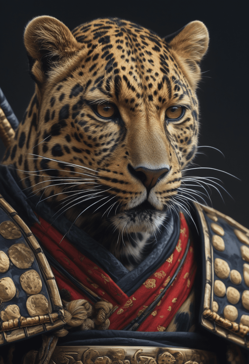 AI generated: close up of a Leopard as a samurai, hyperrealism 