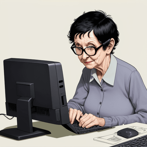 AI generated: funny elderly woman with short black hair is working on the computer. Comic style

