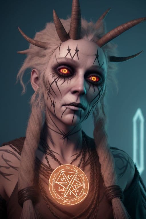 AI generated: A runic witch with runes and glowing engraved runic voodo symbols with elegant realistic skin featur...