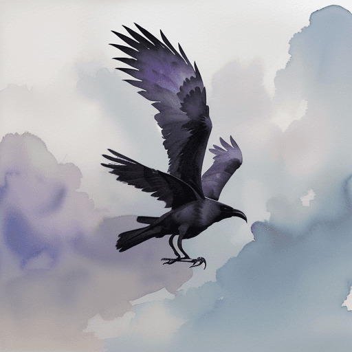 AI generated: watercolor with high water content, hazy painting of a crow in flight through clouds. The crow shoul...