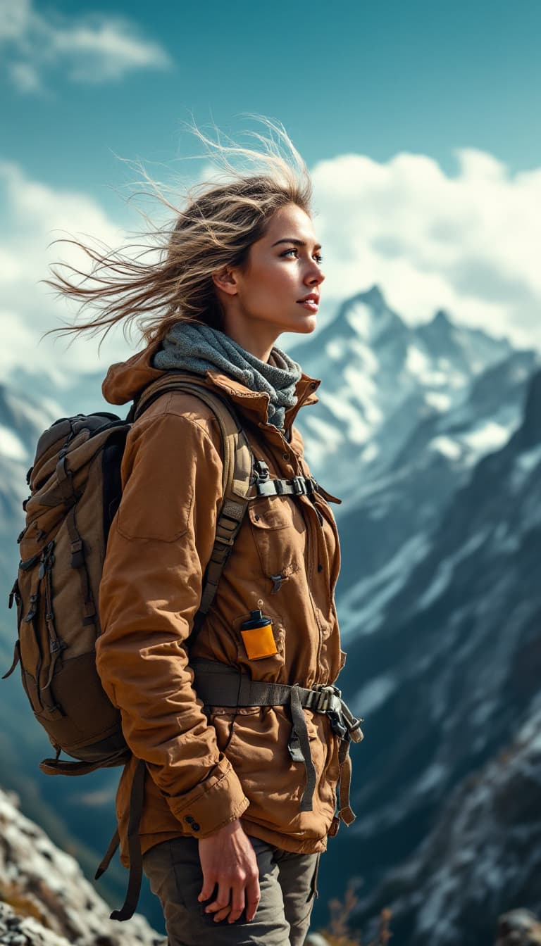 AI generated: A striking and realistic portrait of an adventurous Canadian traveler. She stands at the edge of a b...