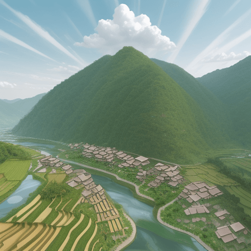 AI generated: A beautiful village under the foot of the mountain split by a river of clear cloudy sky, there are r...