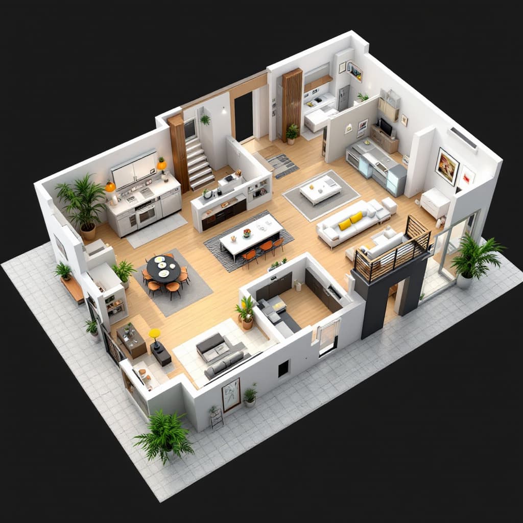 AI generated: create a 3d floor plan layout from the uploaded 1d floor plan