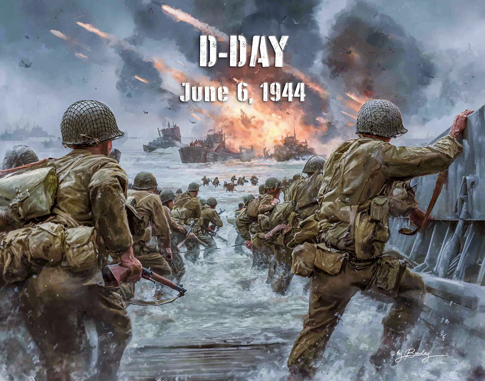 AI generated: Poster Text " D - Day June 6, 1944 " A digital fine art of the World War II D-Day landing scene on t...