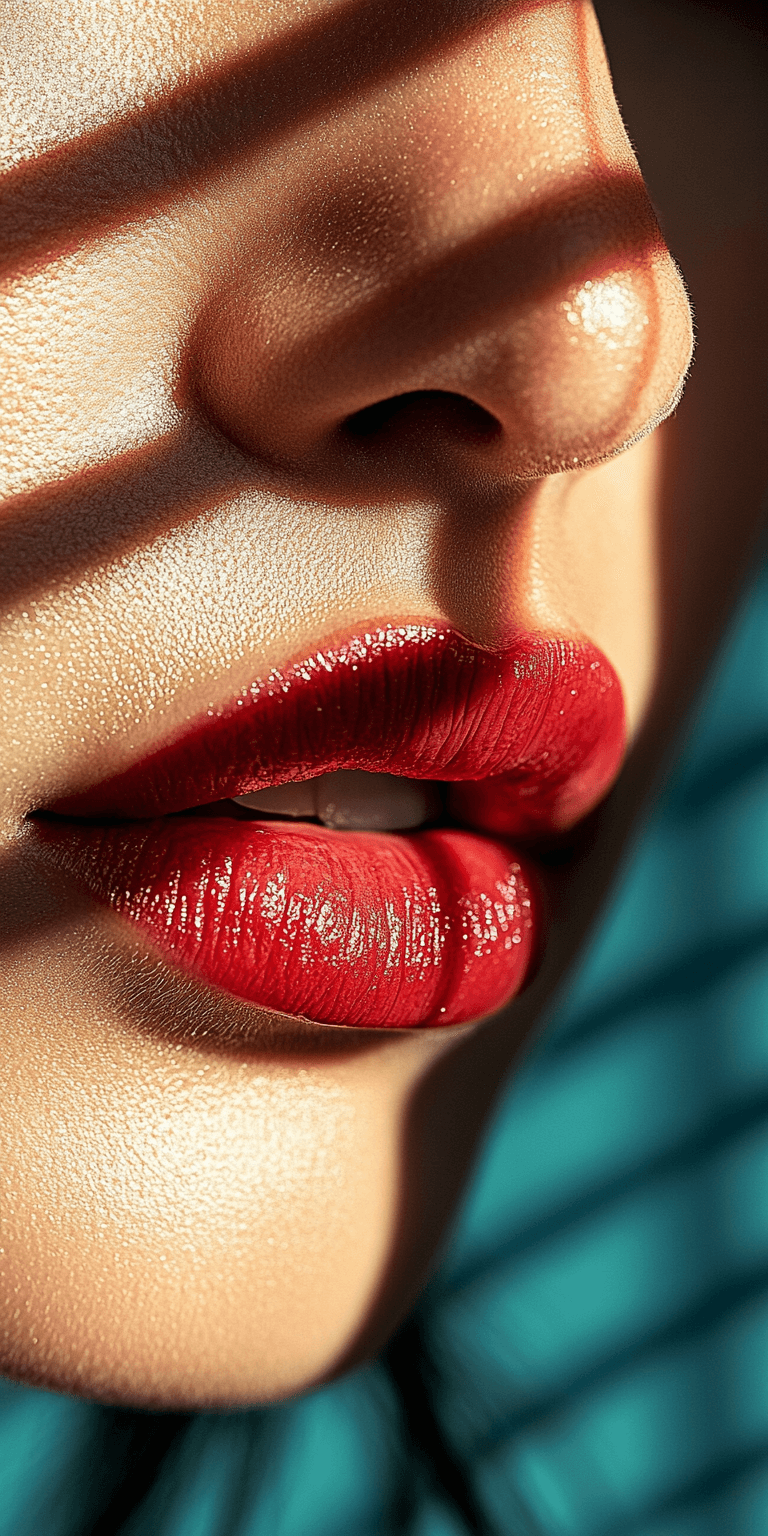 AI generated: A close-up of the red lips and nose of an elegant woman against a white background, in the style of ...