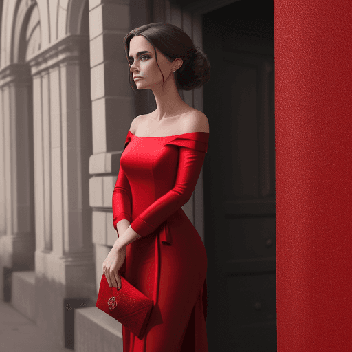 AI generated: .a woman in a red evening dress, with her hair tidy, holding a clutch bag, looking into the distance...