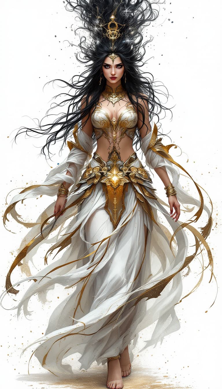 AI generated: 1 woman, chakram, long, curly hair, shadowy black hair, white background, solo, looking at viewer, h...