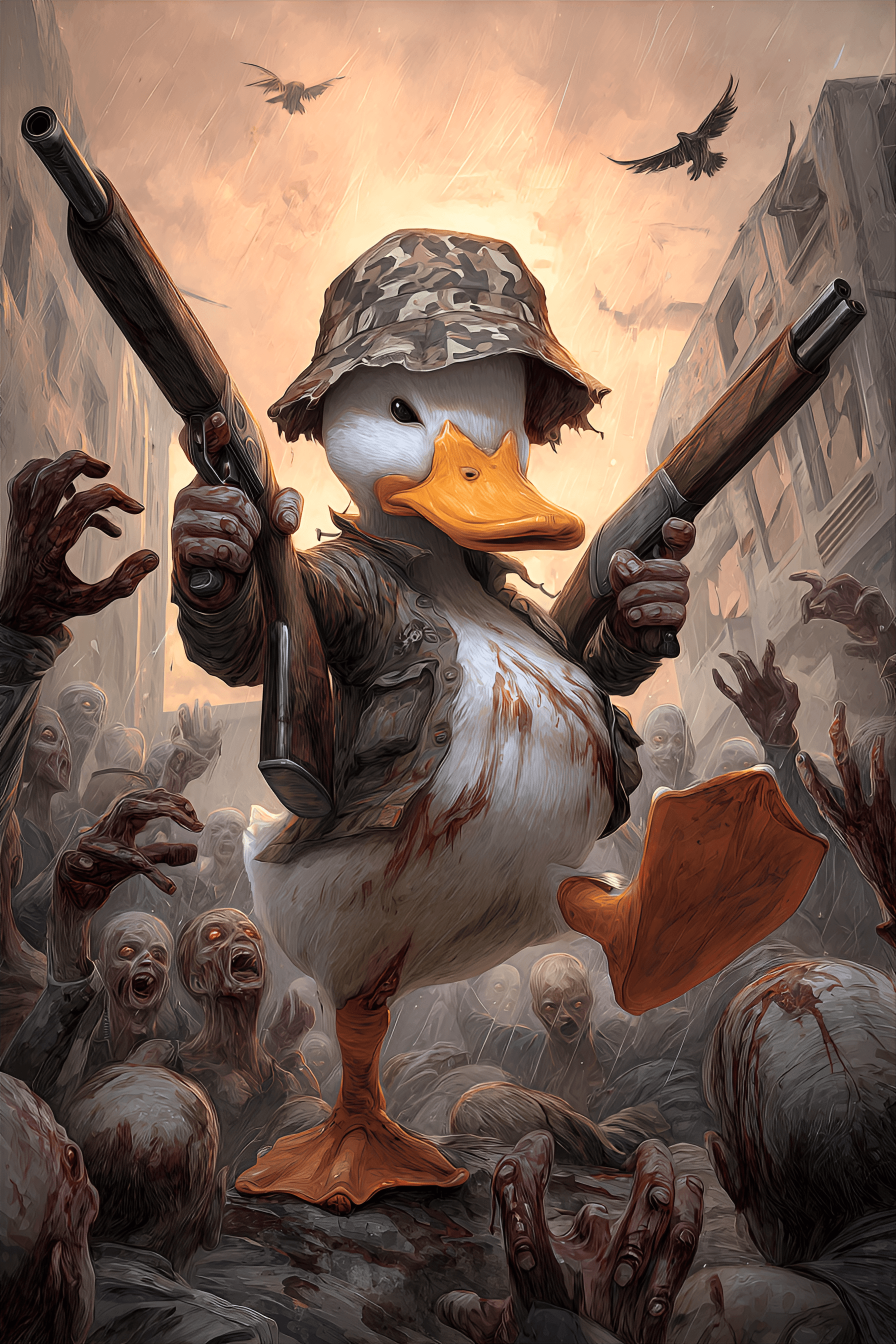 AI generated: stylized, anthropomorphic duck in a war-torn environment, the central focus of the image. The duck i...