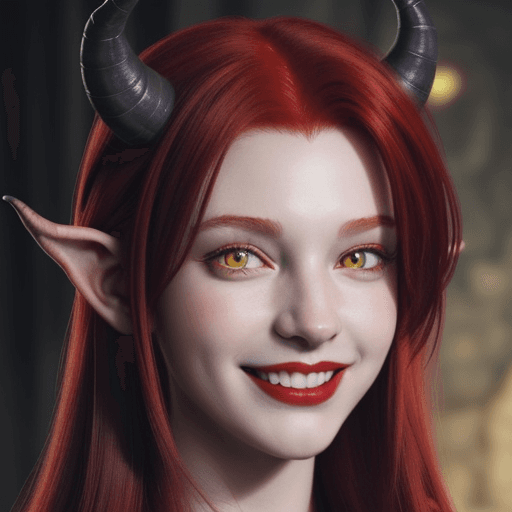 AI generated: Tiefling close-up portrait ribcagel. Lond red hair with two dark horns. Brigth yellow eyes and smili...