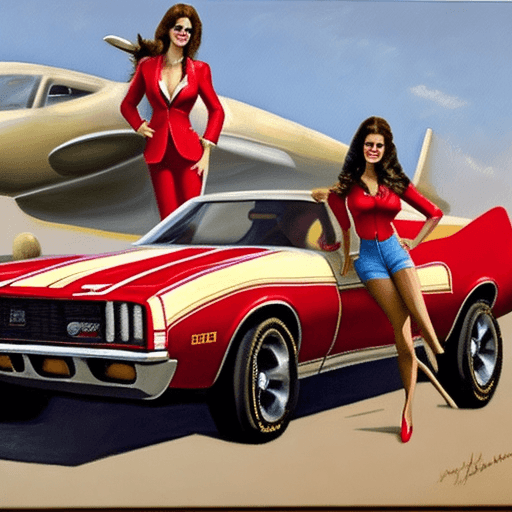 AI generated: an oil painting of a Busty Brunette in aircraft red suit , standing solid on long legs, back to the ...
