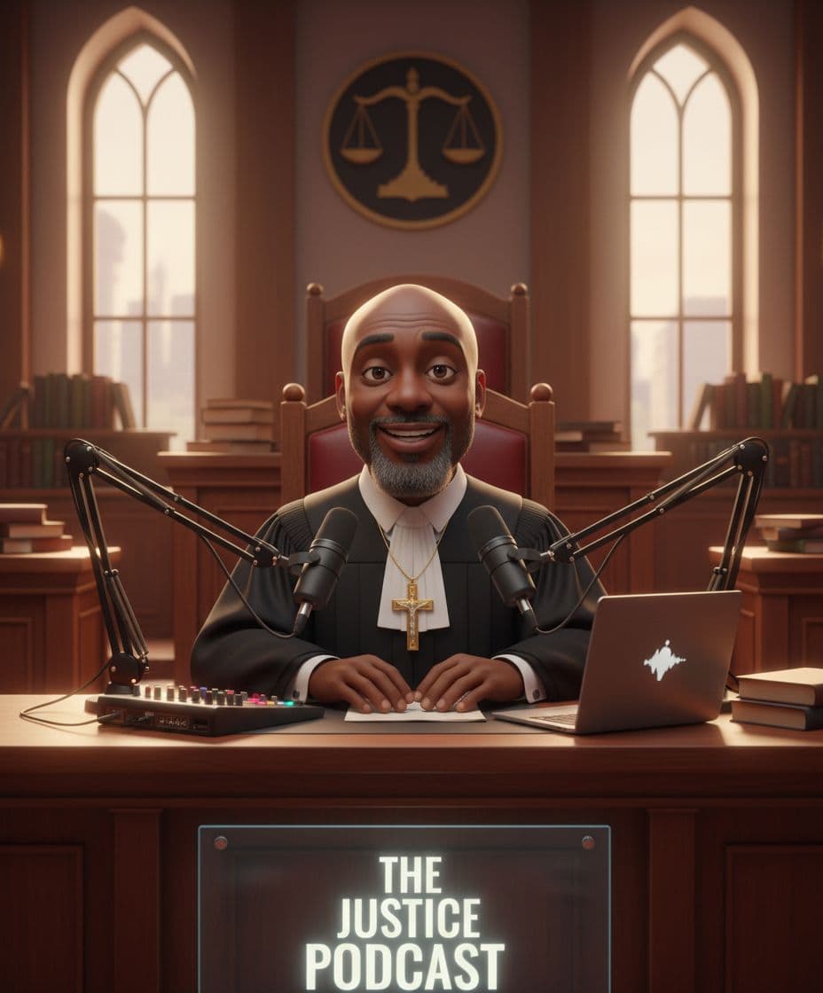 AI generated: recreate as a pixar style 3d image of an African judge in a court room podcast