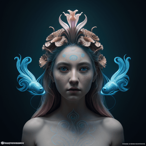 AI generated: Goddess portrait, phoenix head, nautilus, orchid, betta fish, bioluminiscent creatures, intricate ar...