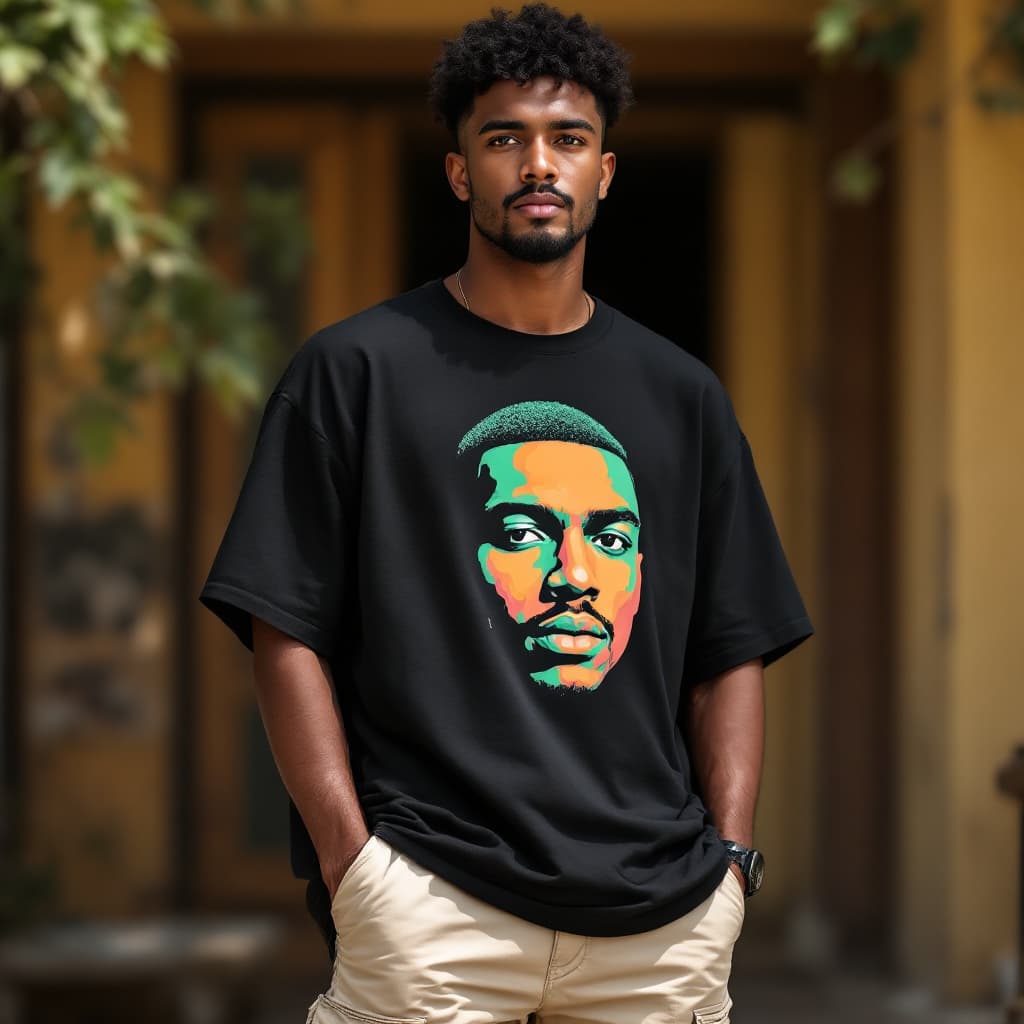 AI generated: A young man of South indian descent stands outdoors in a relaxed posture, hands tucked into the deep...