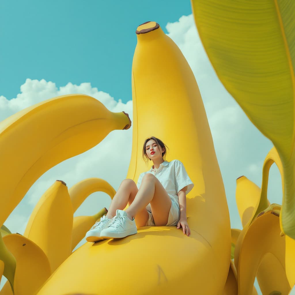 AI generated: A photo of hong kong girl sitting on top of the world's largest banana, wearing white sneakers and a...