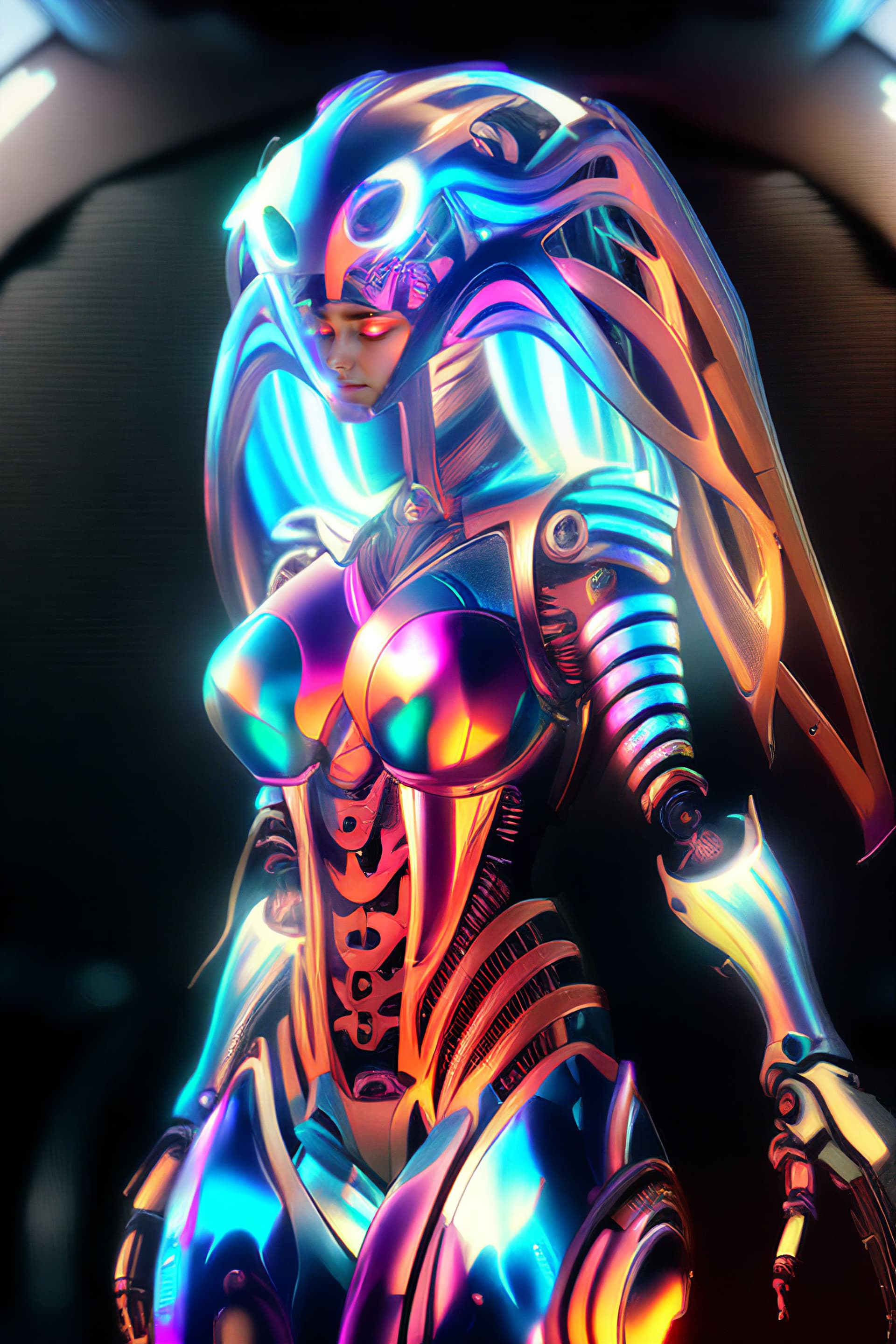 AI generated: close up shot, portrait, cinematic shot, intricate alien robotic girl with human face, pretty robot,...