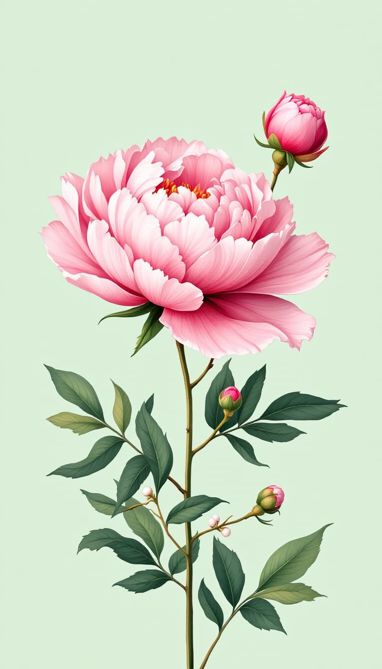AI generated: Delicate illustration of a blooming pink peony on a slender green stem surrounded by soft green leav...