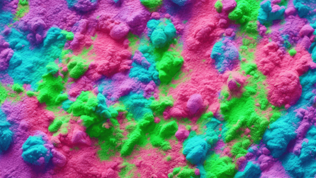 AI generated: Colored powder explosion. Green, white and pink colors dust on blue background. Hyper realism 