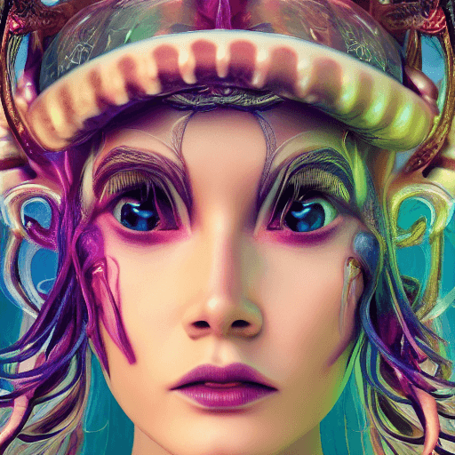 AI generated: Goddess close-up portrait ribcagel. jellyfish phoenix head, nautilus, orchid, skull, betta fish, bio...