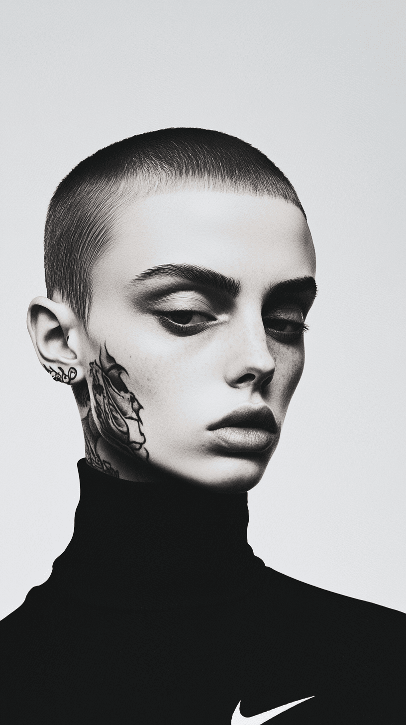 AI generated: Symetrical ultra Closeup of a dope faced tattoed model, dark mirror glazed Nike sport outfit, Minima...