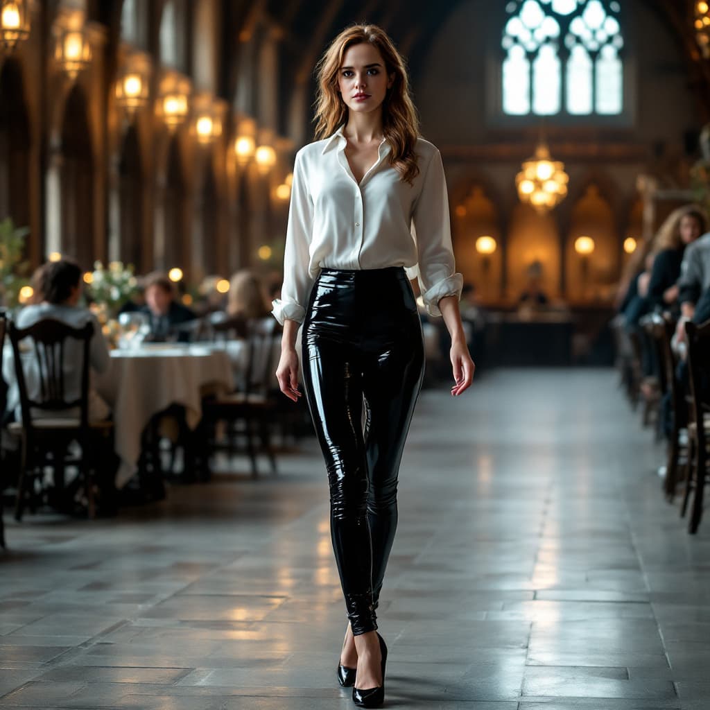 AI generated: Full body picture of Emma Watson in a white blouse, shiny black leggings and high heels. She is stan...