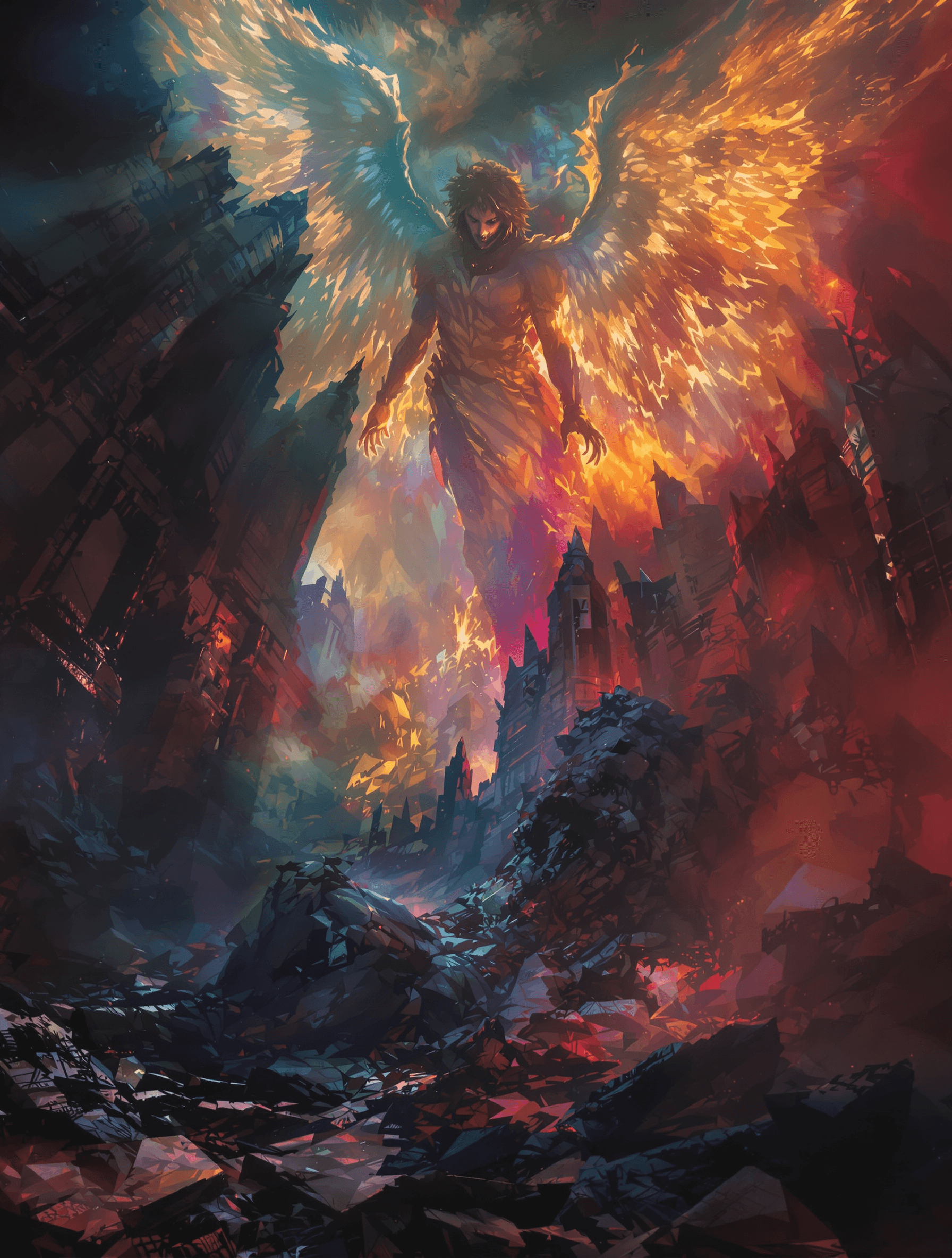 AI generated: Create an atmospheric colourful image depicting a scene from the poet W.B.YEATS in which the angels ...