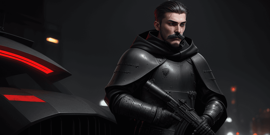 AI generated: Slavic very young man knight with small  beard and moustache and no helmet wearing black matte battl...