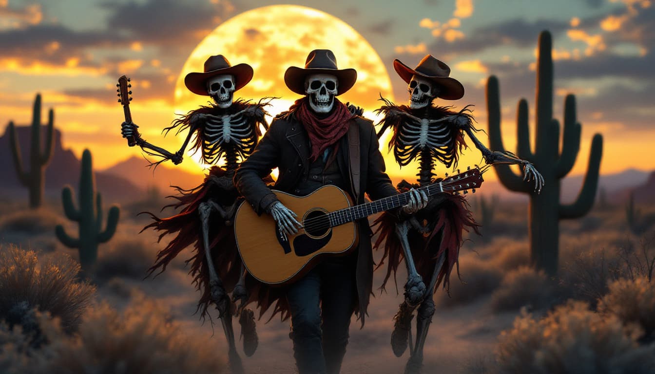 AI generated: Hola, quiero la siguiente imagen: Un hombre junto a dos calaveras caminando de espaldas en el desier...
