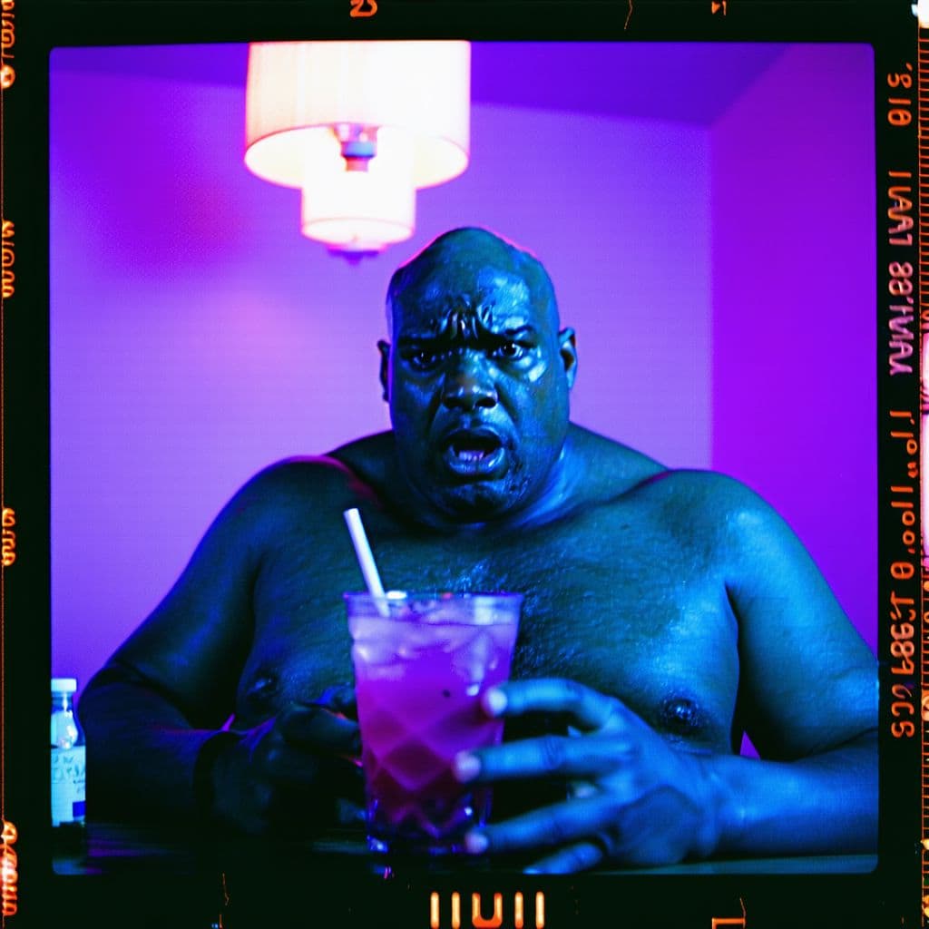 AI generated: grainy 80's photograph quality polaroid of big fat bald neurotic fearful black man caught in a unive...