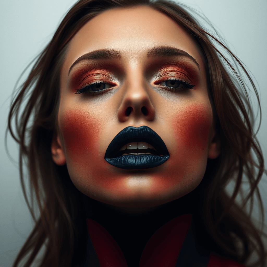 AI generated: "A woman's face painted with hyperrealistic details, with a black lip design that wraps around her m...