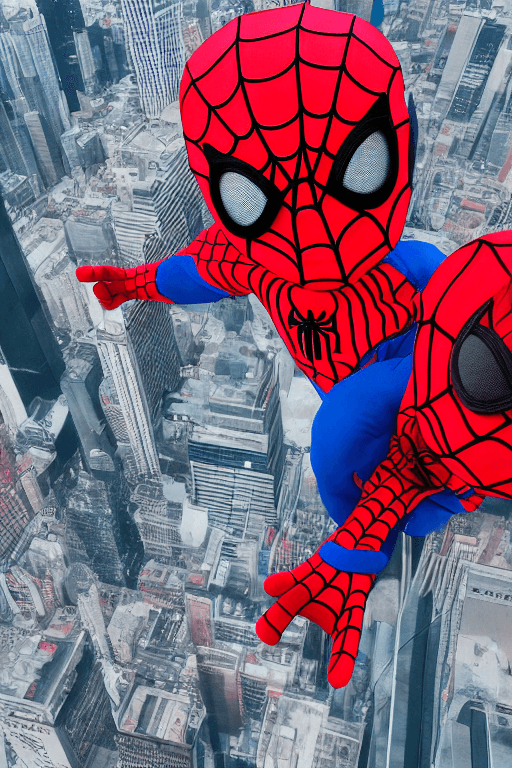 AI generated: a closeup of baby spiderman, baby face, spiderman suit, lightroom, city background