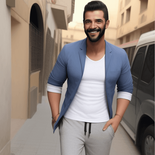 AI generated: un hombre muy palido y delgado sonriente vestido con un pantalon corto



