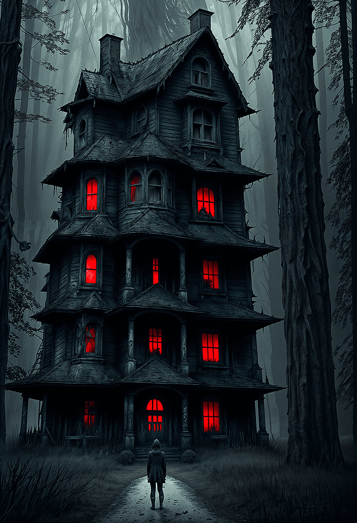 AI generated: a person standing in front of a creepy house, detailed 4k horror artwork, eerie nostalgic concept ar...