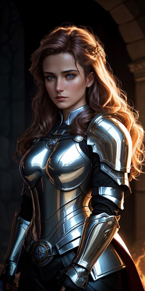 AI generated: A portrait of a young beautiful joan of arc, cinematic, log hair, shiny metallic polished armor, dee...