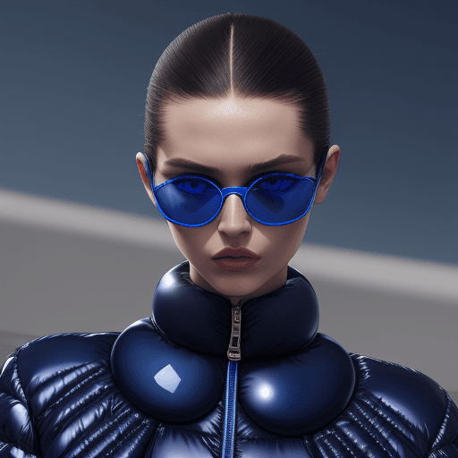 AI generated: Fashion shoot, Jacquemus and Moncler collaboration: dark blue translucent futuristic sunglasses, hyp...