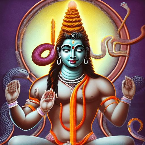 AI generated: A cartoon realistic god shiva is meditating under the water with strong muscles. And a cobra snake a...