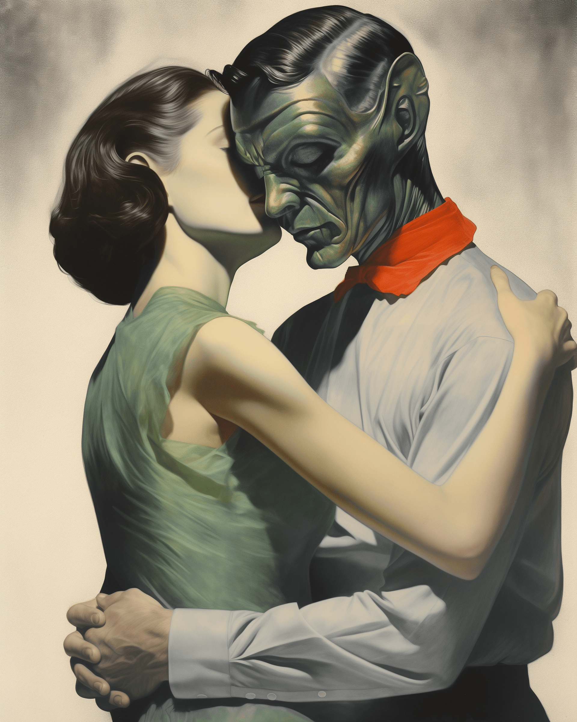 AI generated: A grey alien hugging an elegant woman, pencil drawing in the style of William Mortensen and Balthus,...