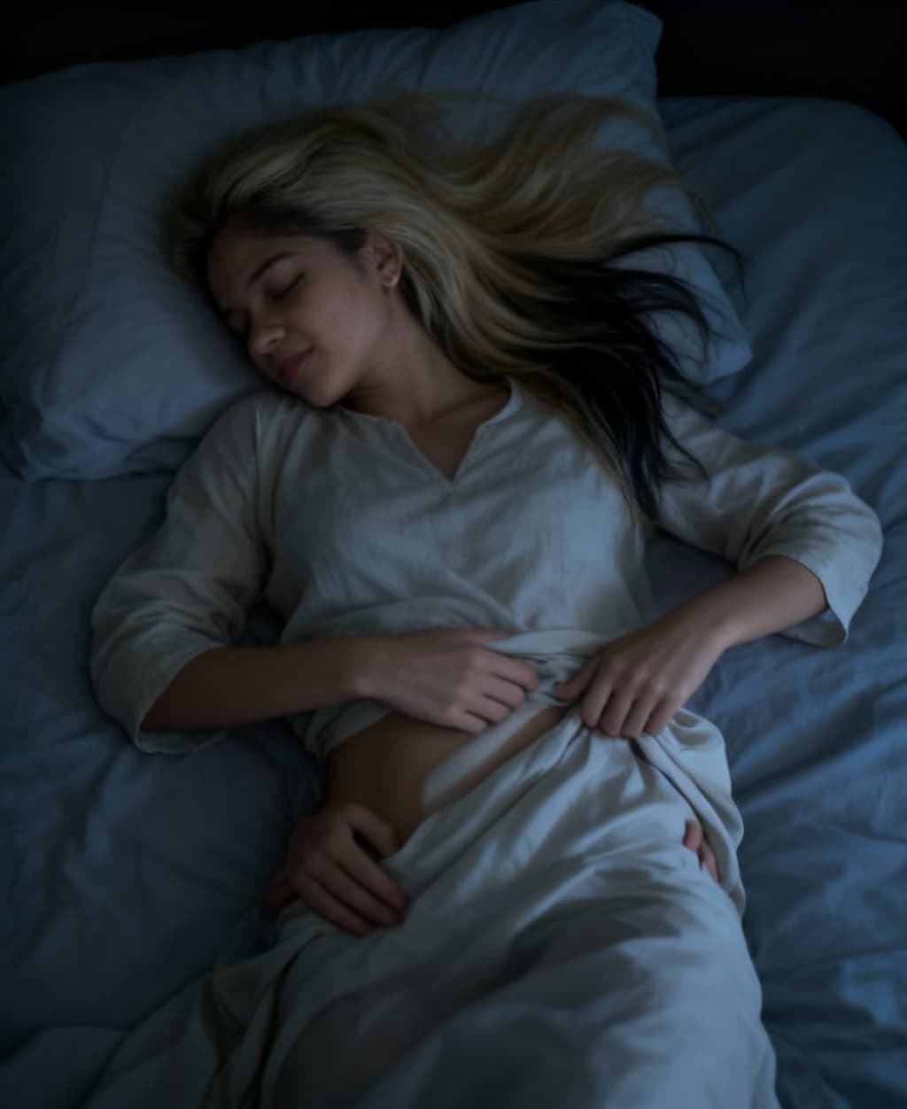 AI generated: woman, long blonde hair with dark highlights, lying in bed, sleeping, One hand pulls extra energetic...
