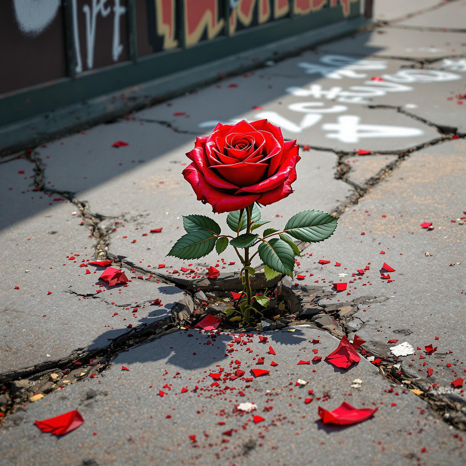 AI generated: the pov is looking down at a BRIGHT RED shiny red rose growing out of concrete sidewalk, there are c...