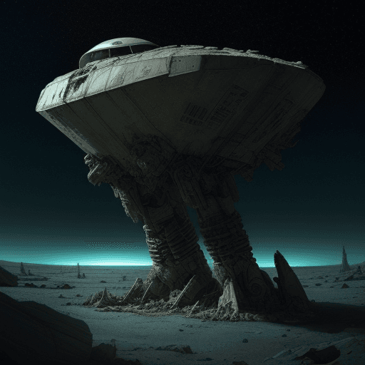 AI generated: space ship wrecks rotting ancient war dead planet dead robots body's battle many colours space skele...