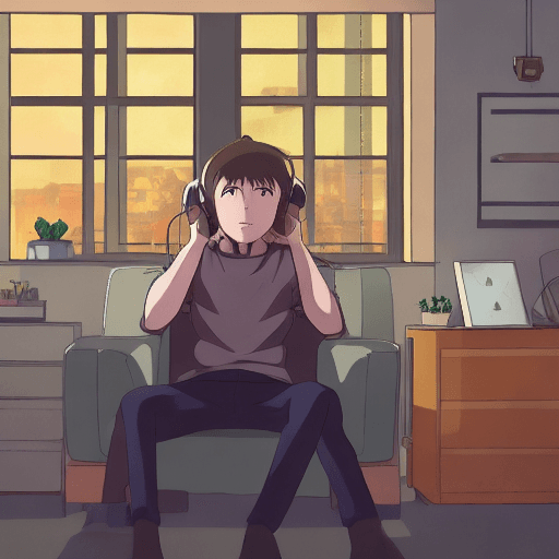 AI generated: high definition anime portrait of a man sitting in an armchair at home thinking about things, with h...