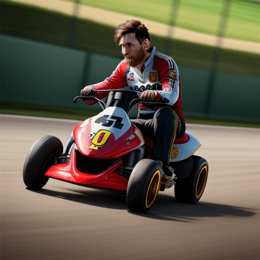 AI generated: Lionel Messi, highly detailed face, ultra realistic, riding a karting like Mario Kart