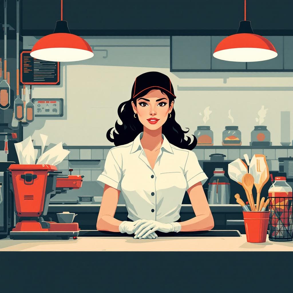 AI generated: patrick nagel style illustration of a female worker in a fast food restaurant 