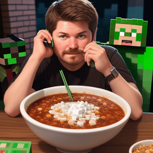 AI generated: steve from minecraft enjoying a tradiotional pozole from mexico