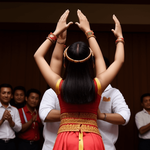 AI generated: A malay girl in tradional dress dancing a guy at her back, the guy holding the girl wrist up in the ...