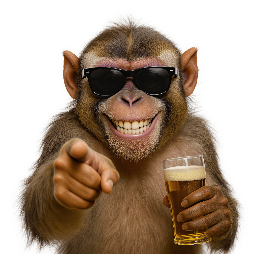AI generated: A smiley monkey with dark glasses and a beer in hand pointing towards the camera
