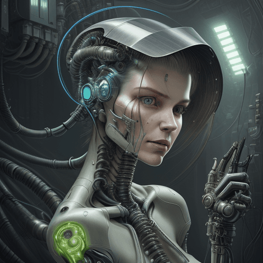 AI generated: A woman is connected to a mechanical machine.she is connected to it with cables and wires.she is a c...
